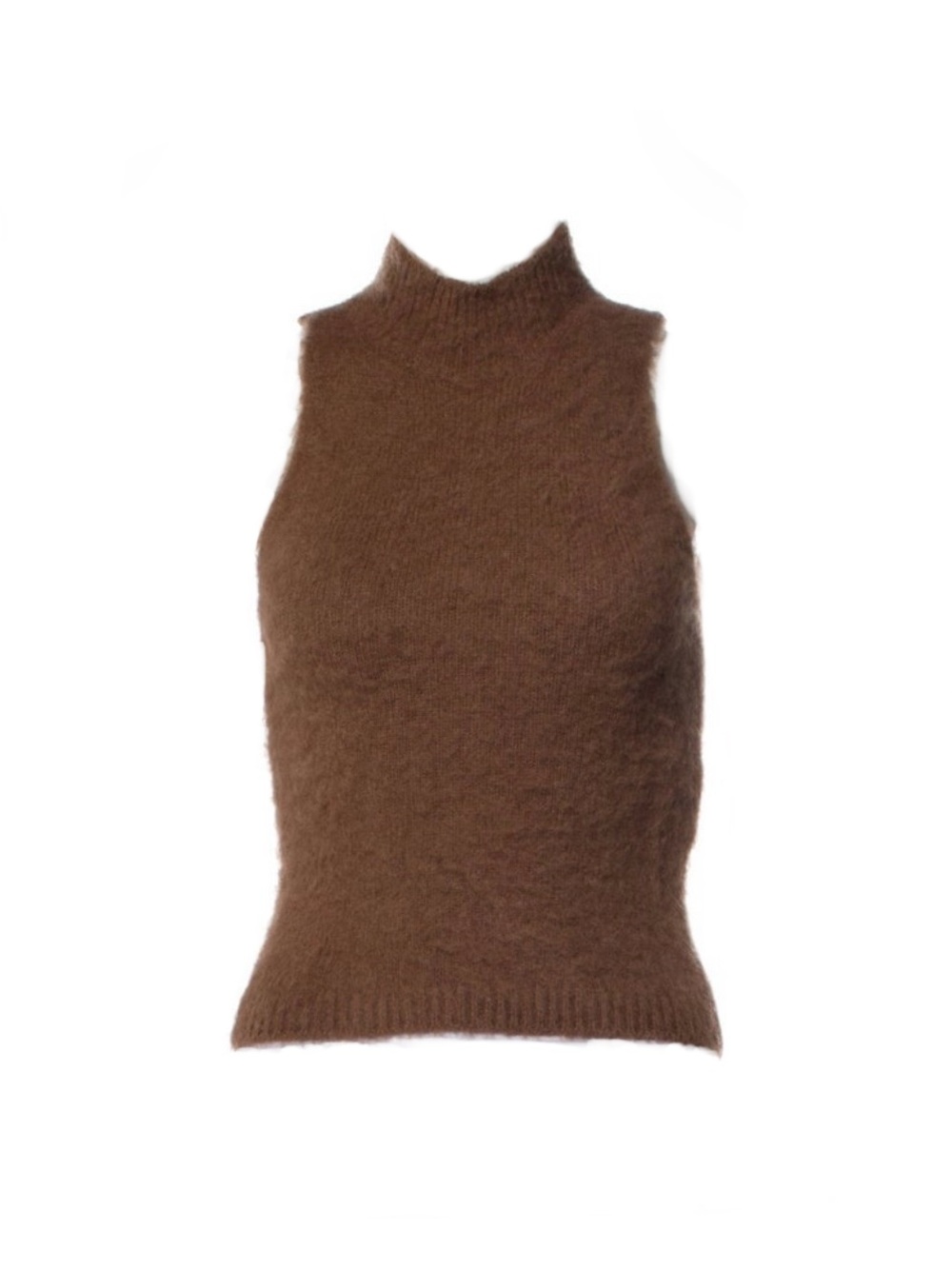 Sleeveless High Neck Fuzzy Knit Top - Brown
